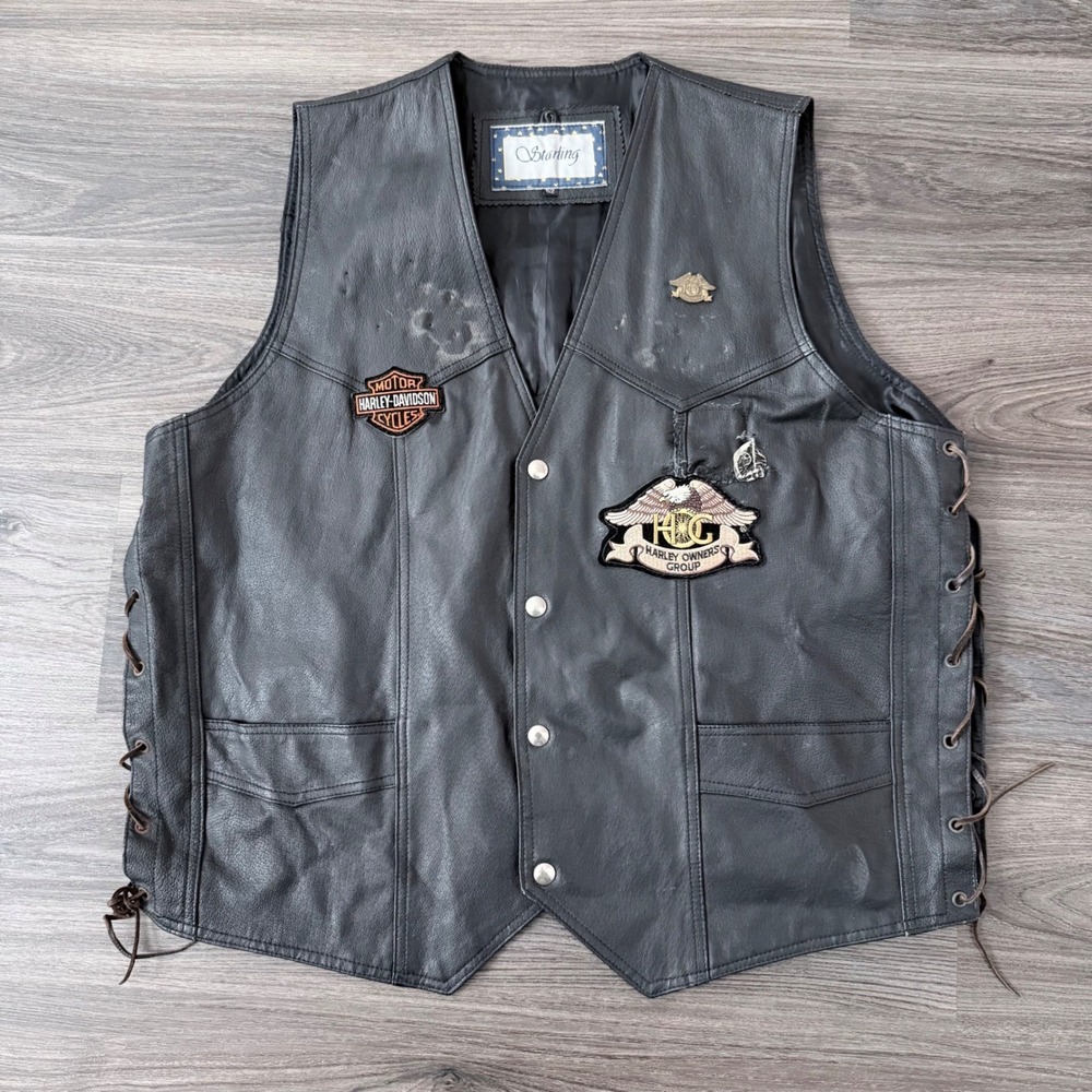 Starling Mens Black Leather Biker Vest Harley Davidson HOG Patches Size 52 Large